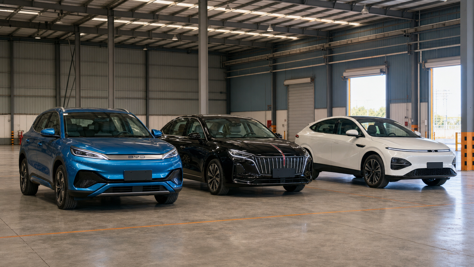 BYD Hongqi and XPeng vehicles in export warehouse